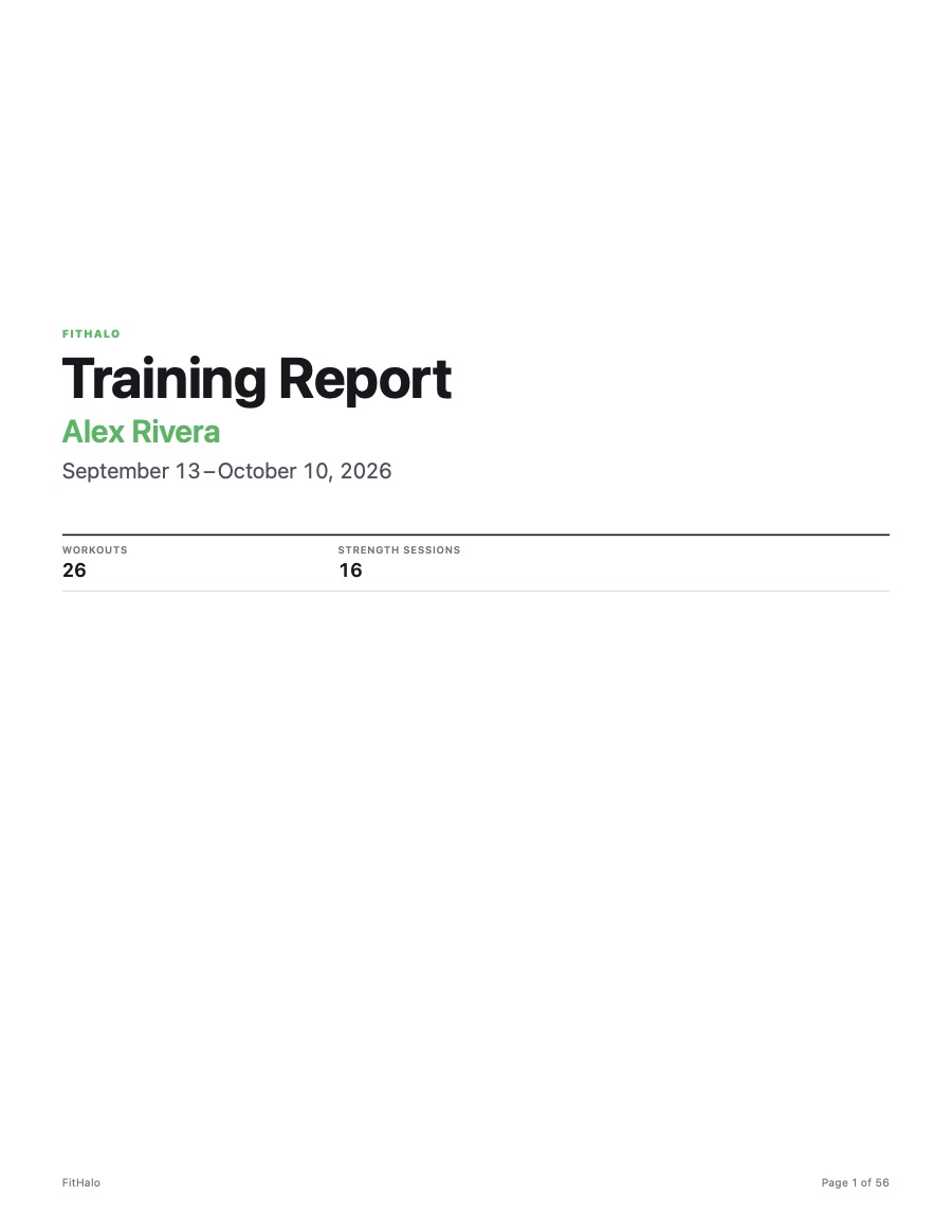 The cover of a training report for Alex Rivera, covering four weeks of workouts.
